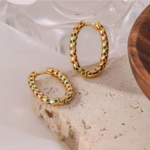 Gold Oval Rainbow Huggie Hoop Earrings 🌈 - Picture 1 of 8
